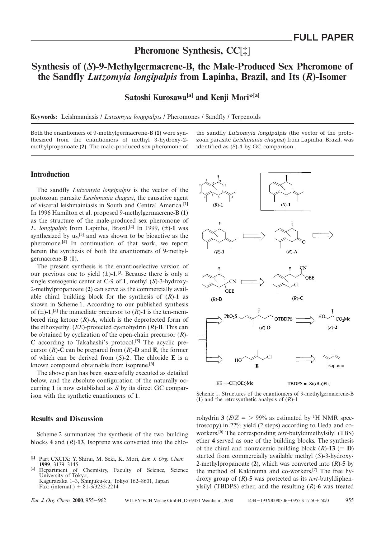 Synthesis of (S)-9-Methylgermacrene-B, the Male-Produced Sex Pheromone of the Sandfly Lutzomyia longipalpis from Lapinha, Brazil, and Its (R)-Isomer by Unknown