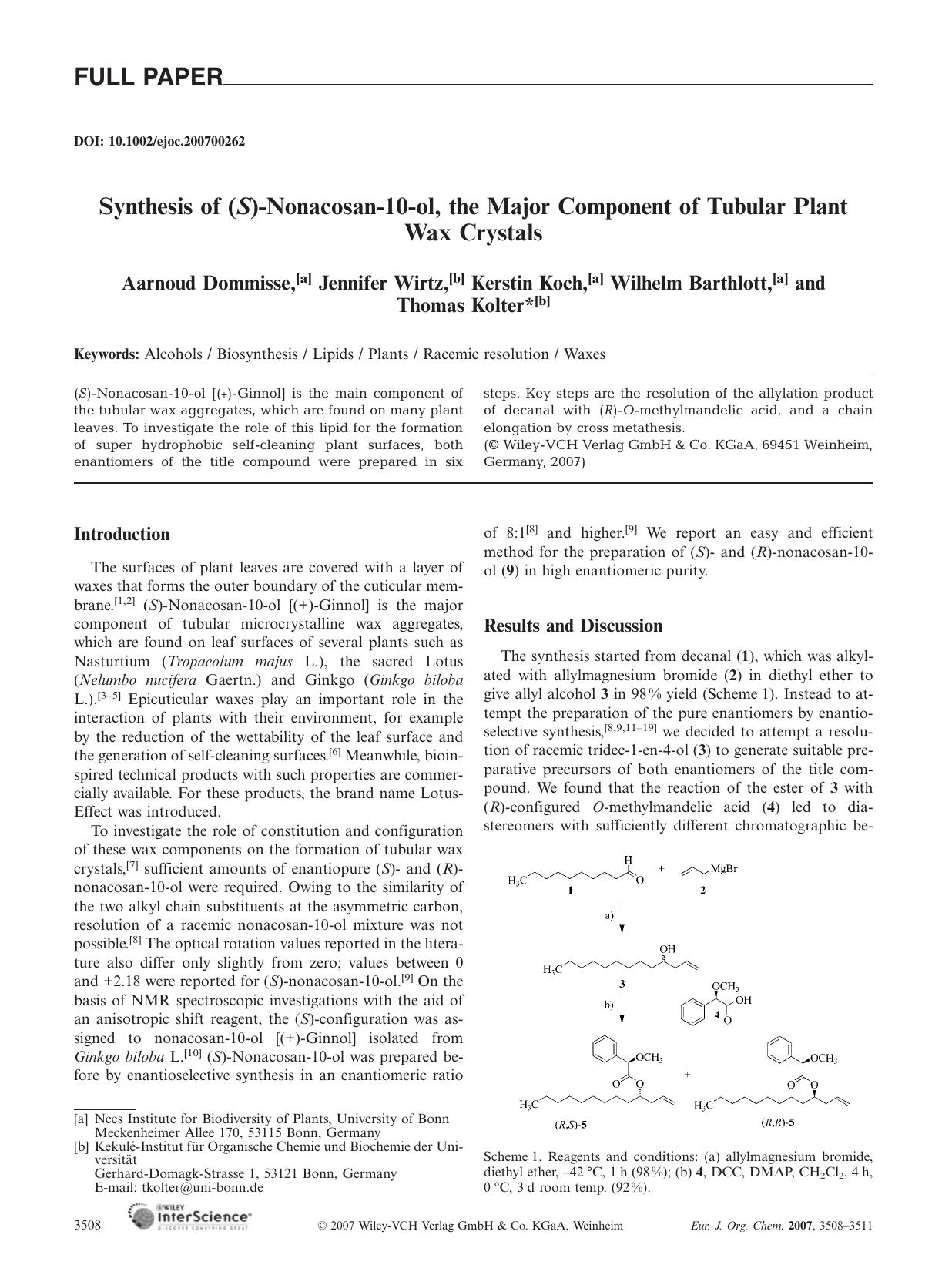 Synthesis of (S)-Nonacosan-10-ol, the Major Component of Tubular Plant Wax Crystals by Unknown