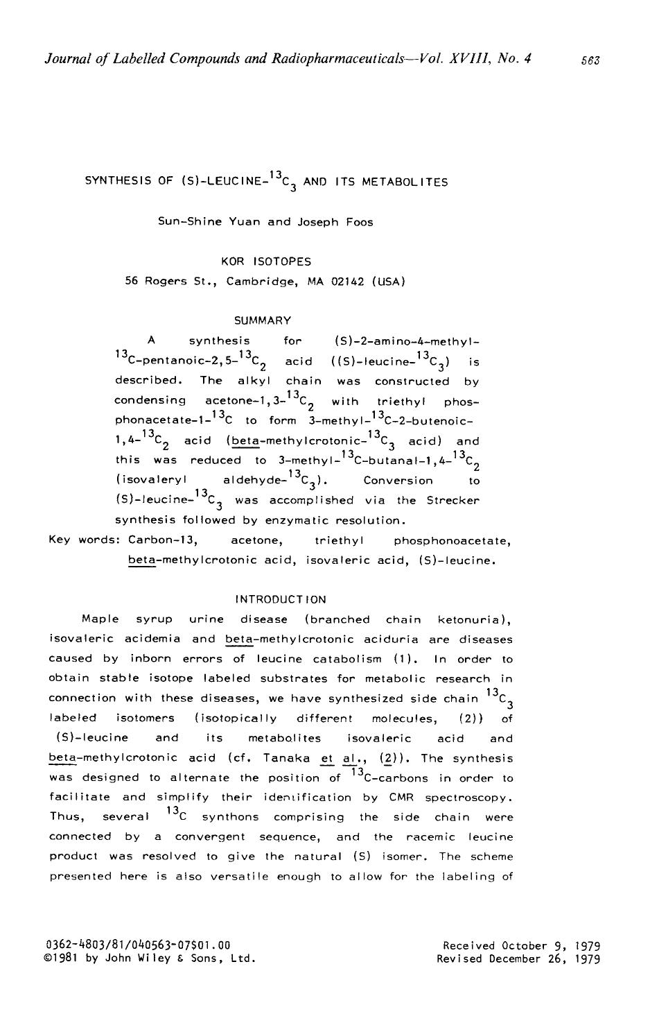 Synthesis of (S)-leucine-13C3 and its metabolites by Unknown