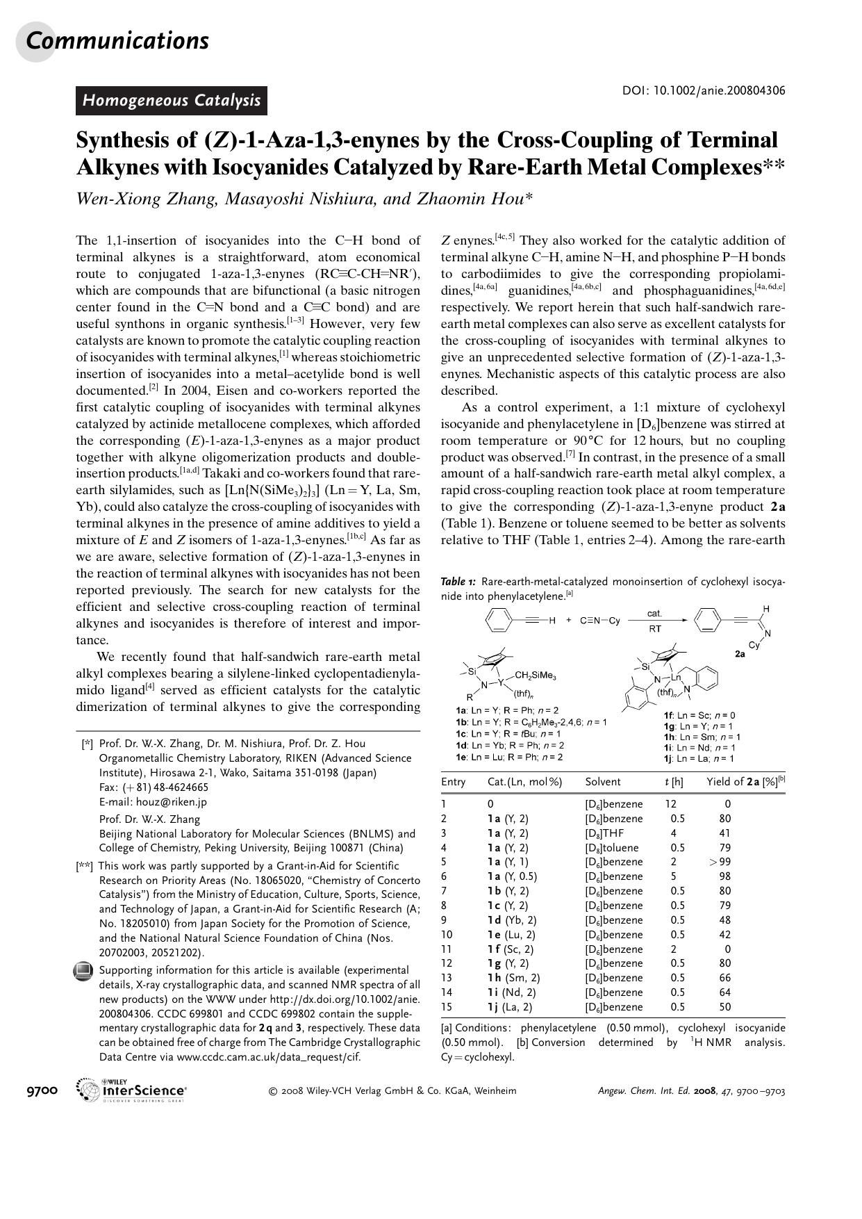 Synthesis of (Z)-1-Aza-1,3-enynes by the Cross-Coupling of Terminal Alkynes with Isocyanides Catalyzed by Rare-Earth Metal Complexes by Unknown