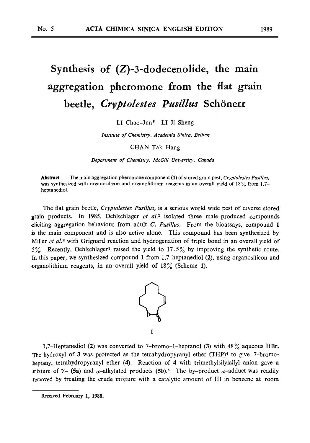 Synthesis of (Z)3dodecenolide, the main aggregation pheromone from the flat grain beetle, Cryptolestes Pusillus Schnerr by Unknown