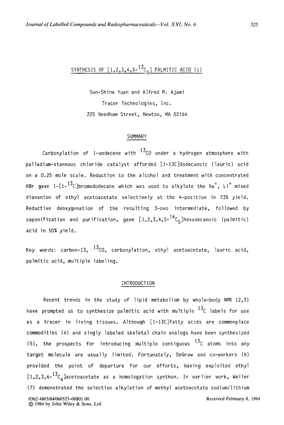 Synthesis of [1,2,3,4,5-13C5] palmitic acid by Unknown