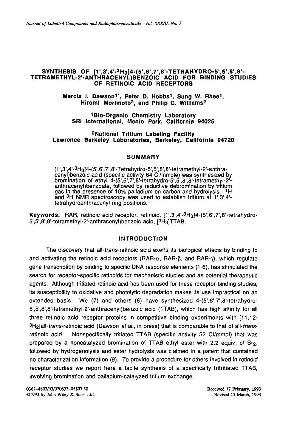 Synthesis of [1[prime],3[prime],4[prime]-3H3]4-(5[prime],6[prime],7[prime],8[prime]-tetrahydro-5[prime],5[prime],8[prime],8[prime]-tetramethyl-2[prime]-anthracenyl)benzoic acid for by Unknown