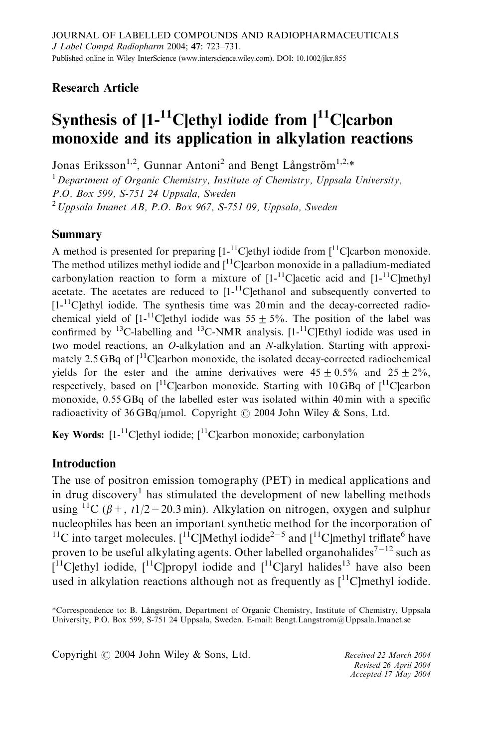 Synthesis of [1-11C]ethyl iodide from [11C]carbon monoxide and its application in alkylation reactions by Unknown