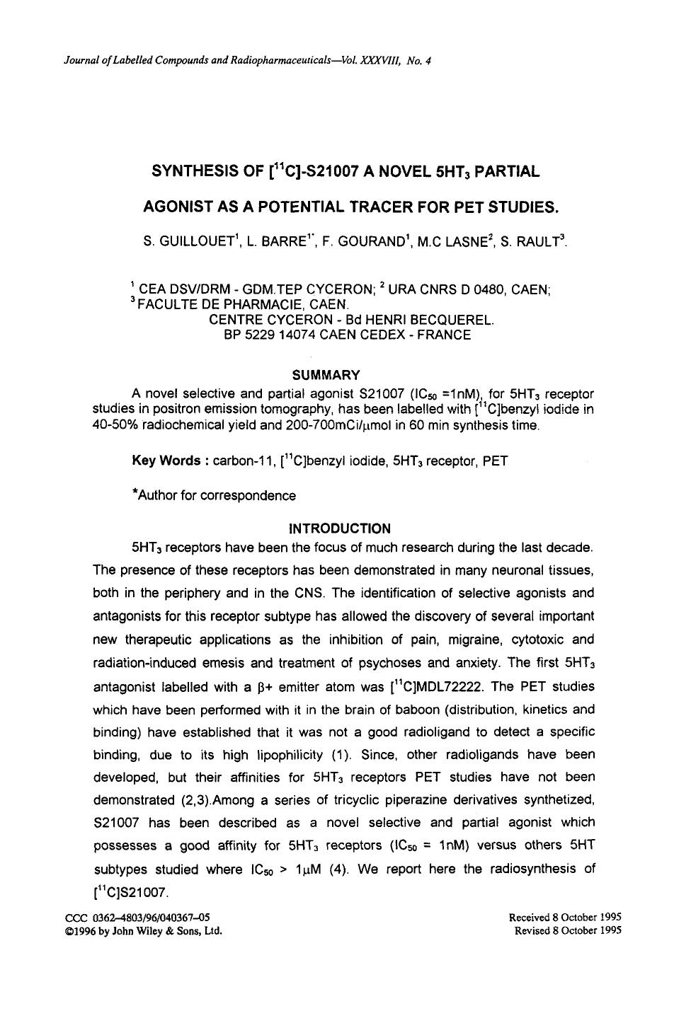 Synthesis of [11C]-S21007 a novel 5HT3 partial agonist as a potential tracer for PET studies by Unknown