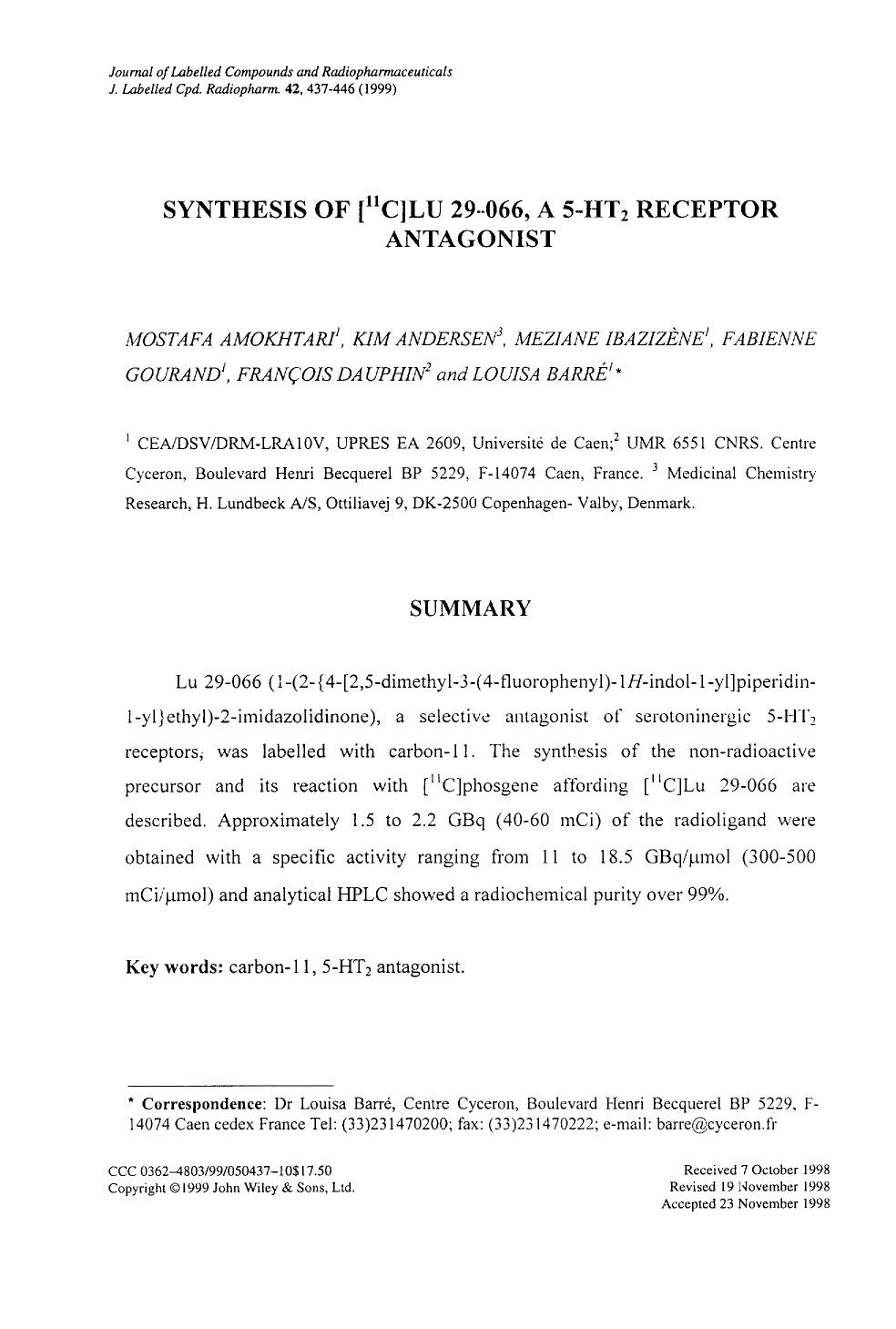 Synthesis of [11C]LU 29-066, a 5-HT2 receptor antagonist by Unknown