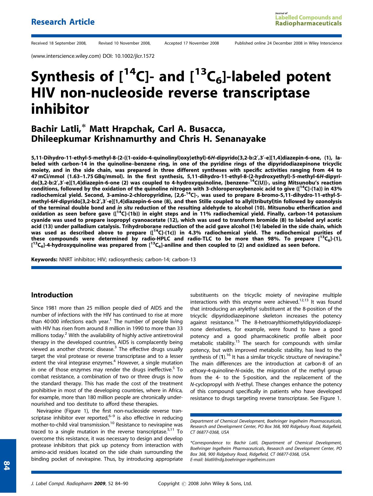 Synthesis of [14C]- and [13C6]-labeled potent HIV non-nucleoside reverse transcriptase inhibitor by Unknown