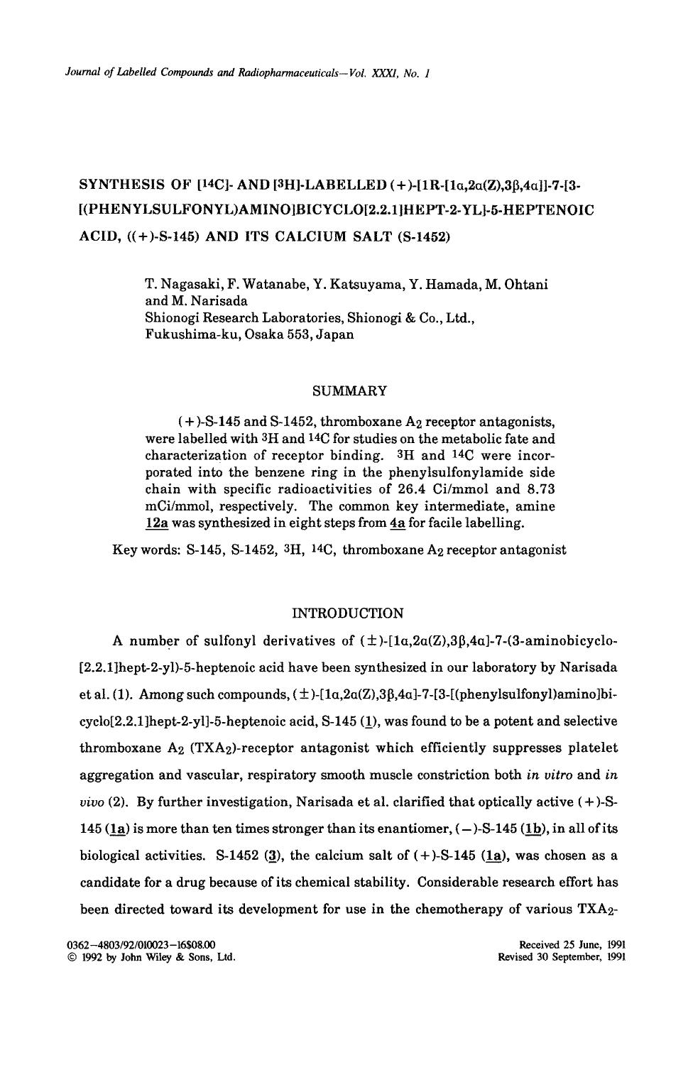 Synthesis of [14C]- and [3H]-labelled (+)-[1R-[1[alpha],2[alpha](Z),3[beta],4[alpha]]]-7-[3-[(Phenylsulfonyl)AMINO]BICYCLO[2.2.1]HEPT-2-YL]-5-HEPTENOIC ACID, ((+)-S-145) AND ITS CALCIUM SALT (S-1452) by Unknown