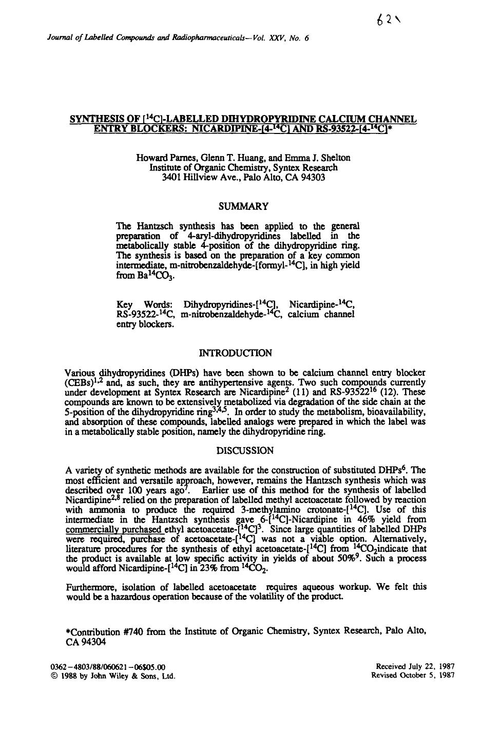 Synthesis of [14C]-labelled dihydropyridine calcium channel entry blockers: Nicardipine-[4-14C] and RS-93522-[4-14C] by Unknown