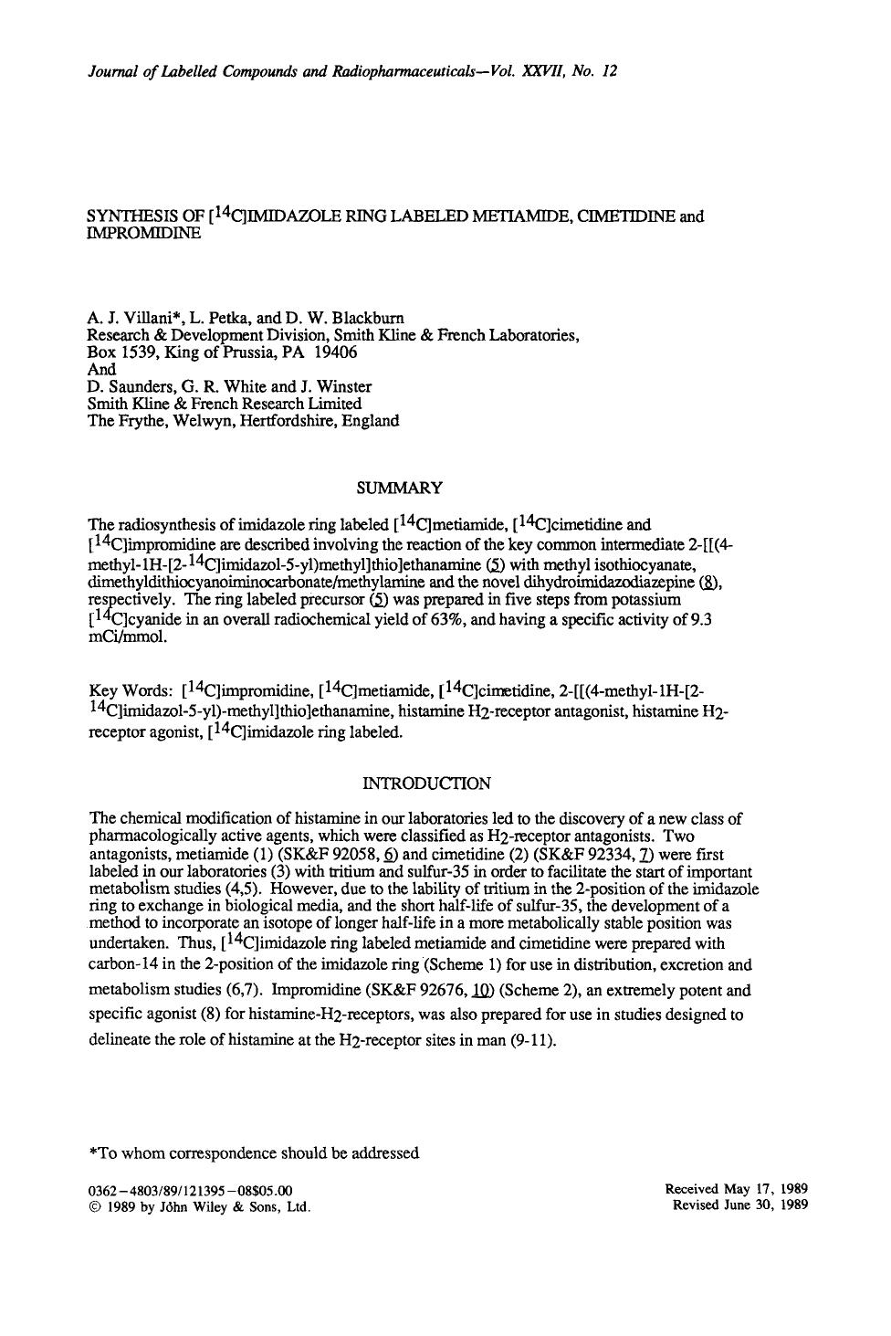Synthesis of [14C]imidazole ring labeled metiamide, cimetidine and impromidine by Unknown
