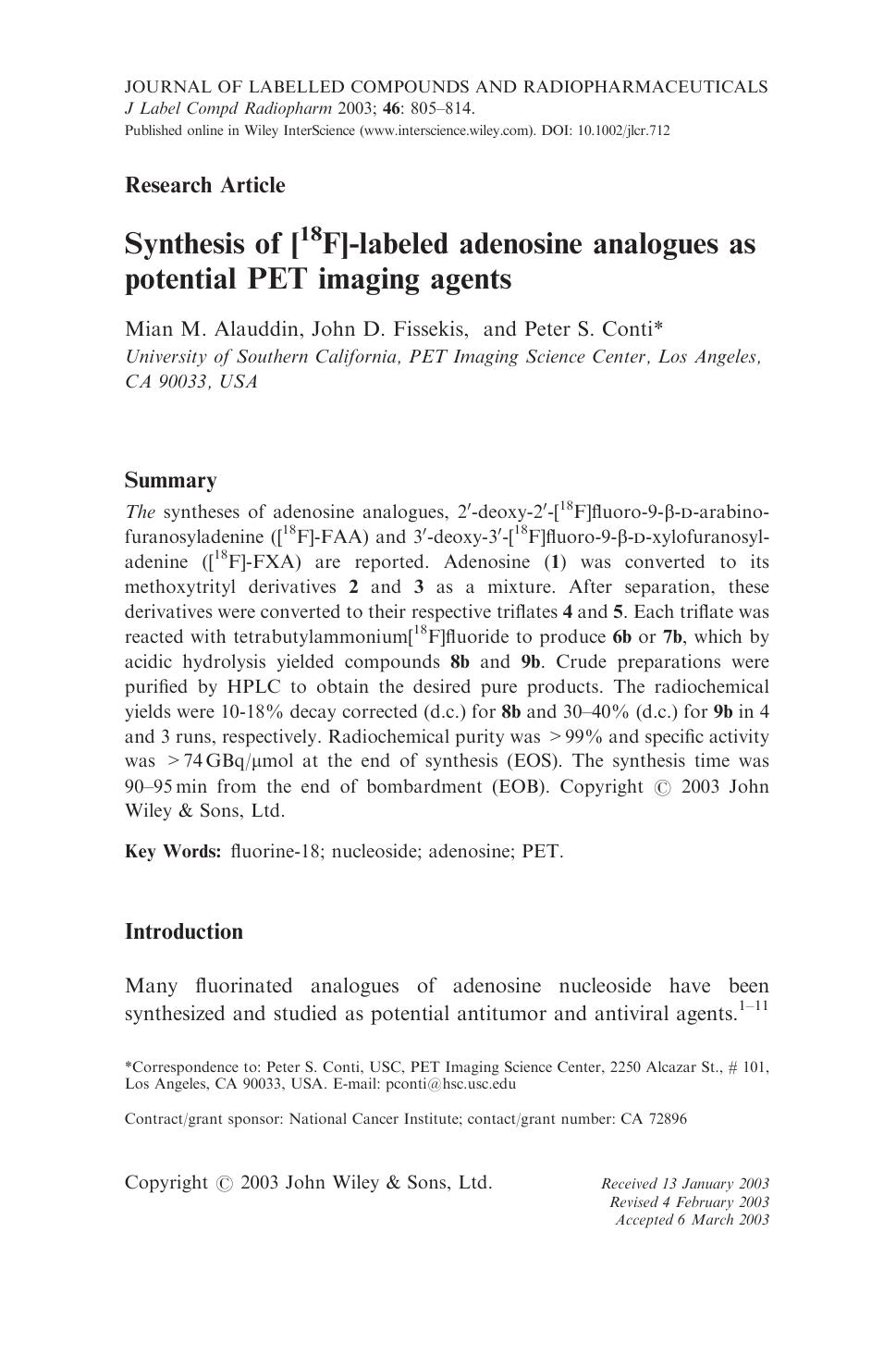 Synthesis of [18F]-labeled adenosine analogues as potential PET imaging agents by Unknown