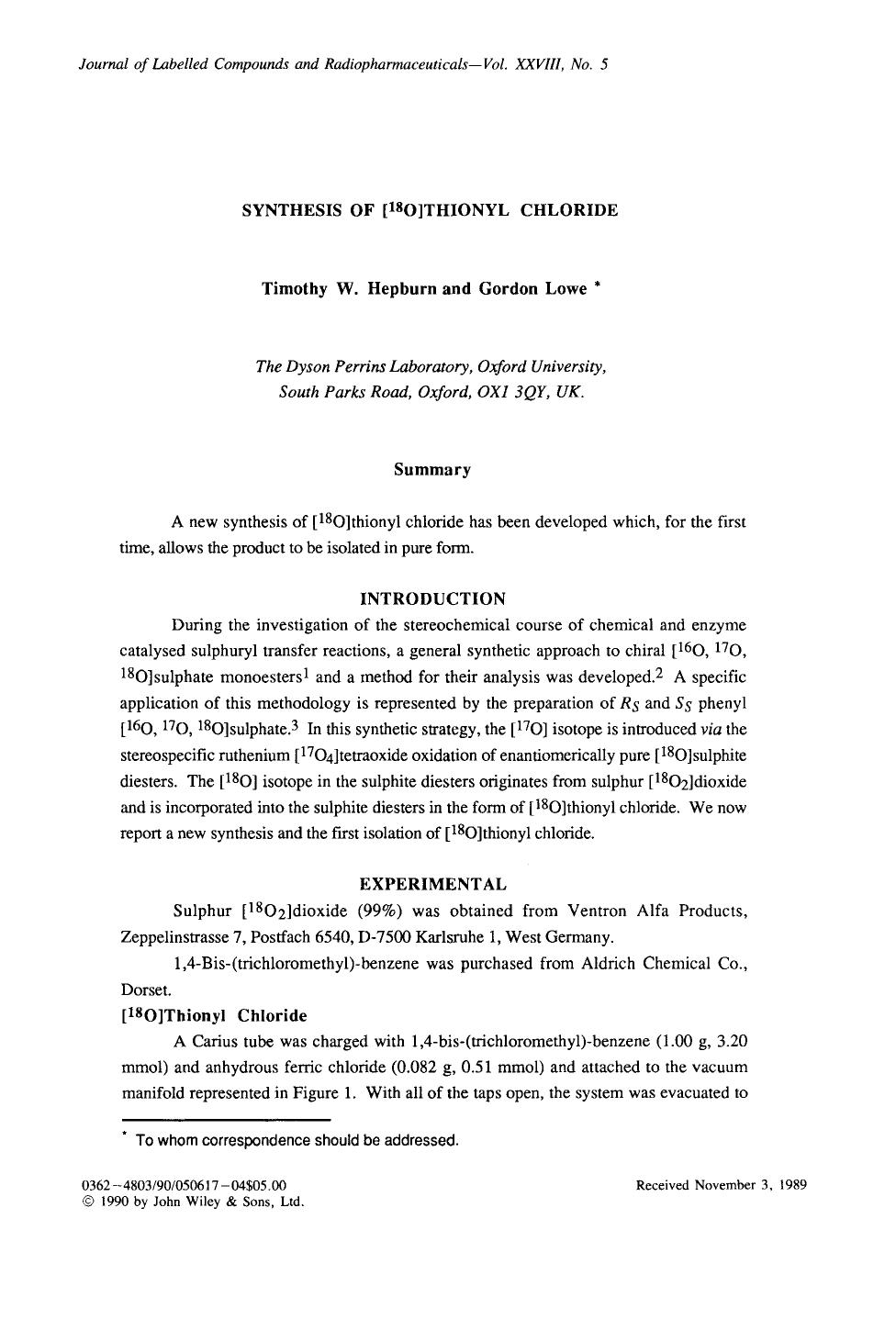 Synthesis of [18O]thionyl chloride by Unknown