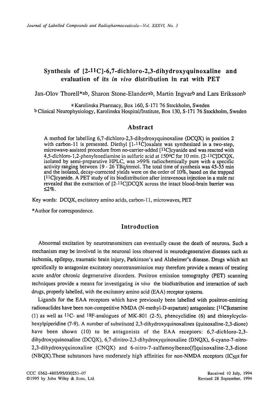 Synthesis of [2-11C]-6,7-dichloro-2,3-dihydroxyquinoxaline and evaluation of its in in vivo distribution in rat with PET by Unknown