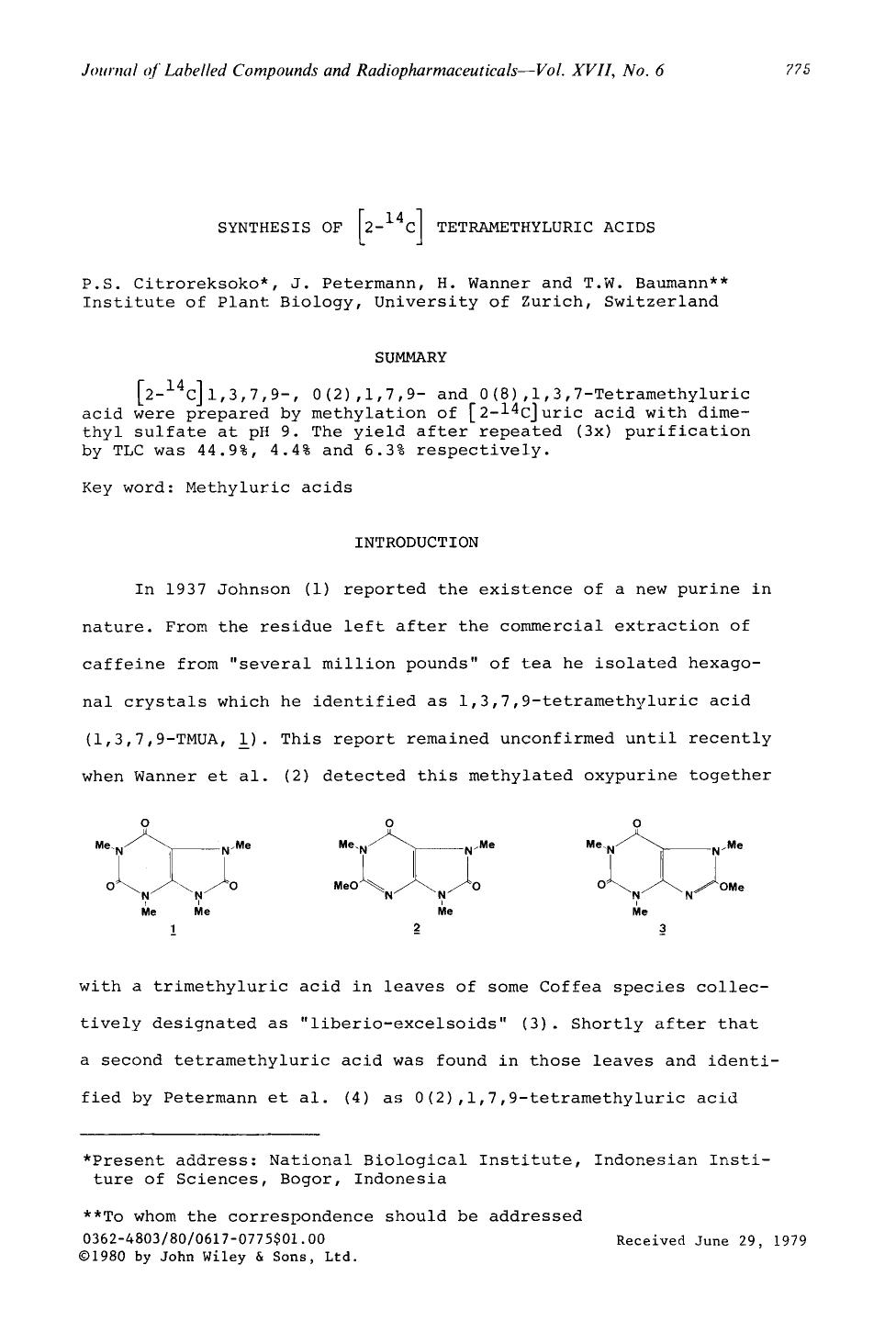 Synthesis of [2-14C] tetramethyluric acids by Unknown