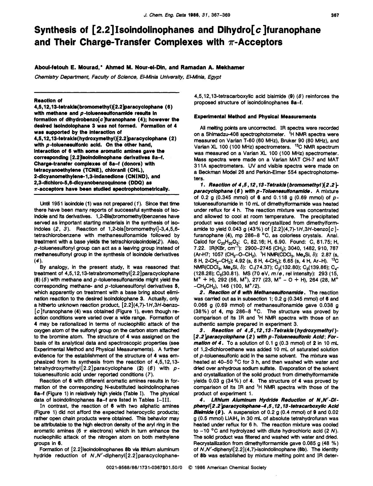Synthesis of [2.2]isoindolinophanes and dihydro[c]furanophane and their charge-transfer complexes with .pi.-acceptors by Aboul Fetouh E. Mourad Ahmed M. Nour-el-Din Ramadan A. Mekhamer