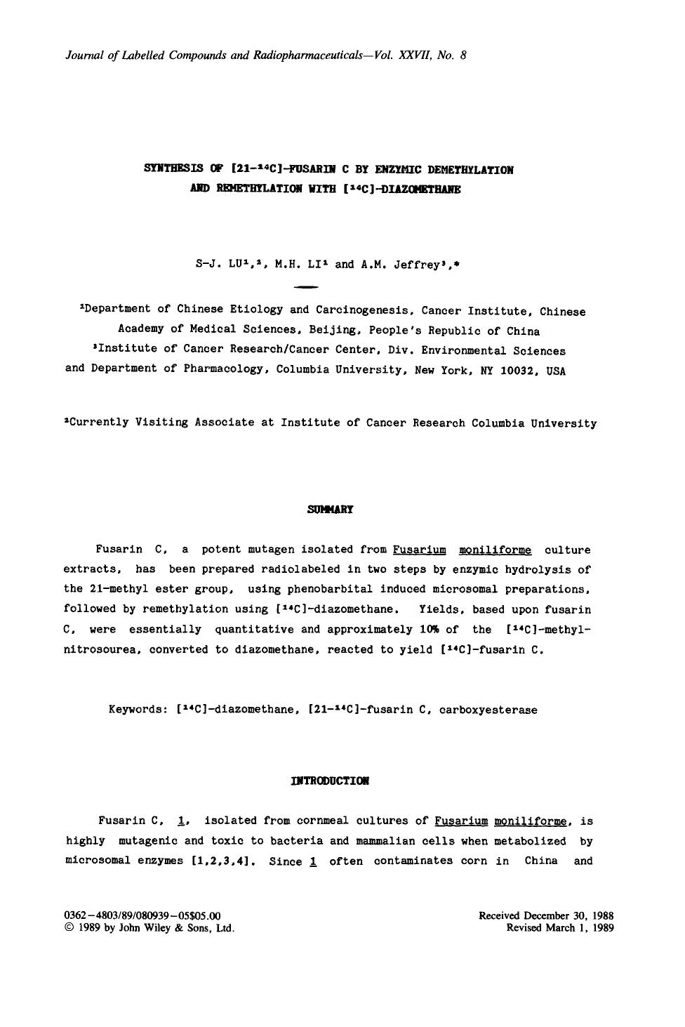 Synthesis of [21-14C]-fusarin C by enzymic demethylation and remethylation with [14C]-diazomethane by Unknown