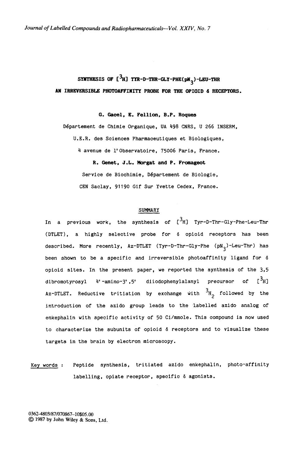Synthesis of [3H] tyr-D-thr-gly-phe(pN3)-leu-thr an irreversible photoaffinity probe for the opioid [delta] receptors by Unknown