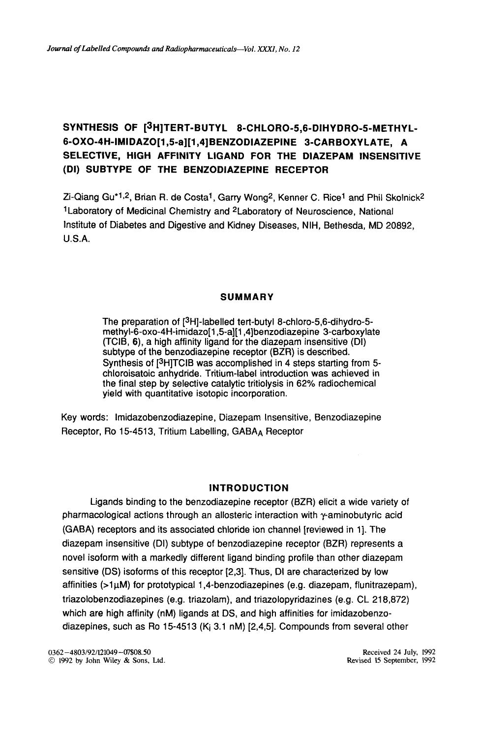 Synthesis of [3H]tert-butyl 8-chloro-5,6-dihydro-5-methyl-6-oxo-4h-imidazo[1,5-a][1,4]benzodiazepine 3-carboxylate, a selective, high affinity ligand for the diazepam insensitive ( by Unknown