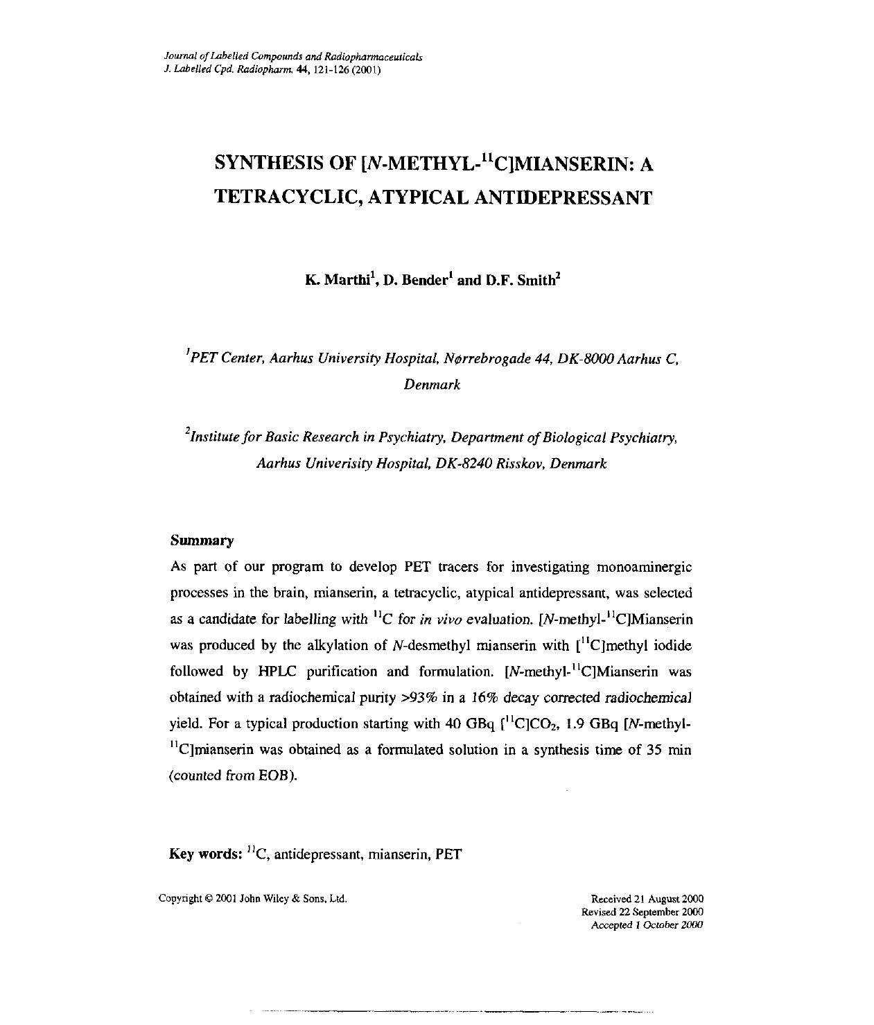 Synthesis of [N-methyl-11C]mianserin: a tetracyclic, atypical antidepressant by Unknown