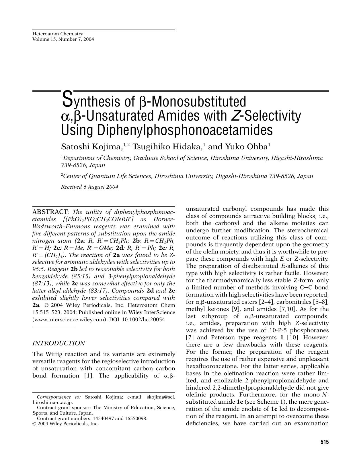Synthesis of [beta]-monosubstituted [alpha],[beta]-unsaturated amides with Z-selectivity using diphenylphosphonoacetamides by pinnacle