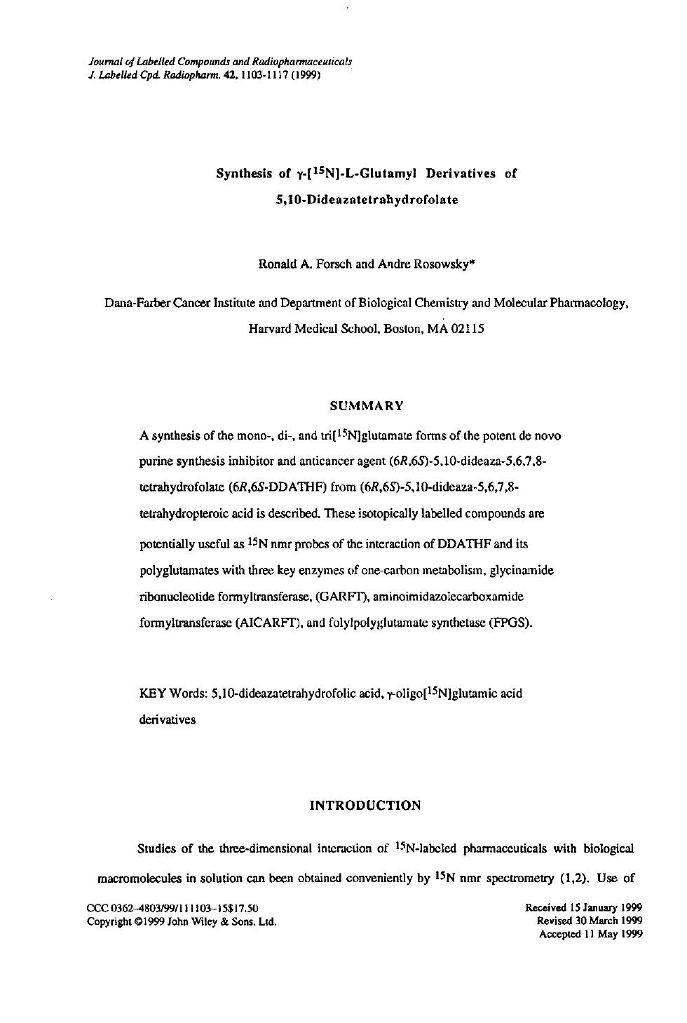 Synthesis of [gamma]-[15N]-L-glutamyl derivatives of 5,10-dideazatetrahydrofolate by Unknown