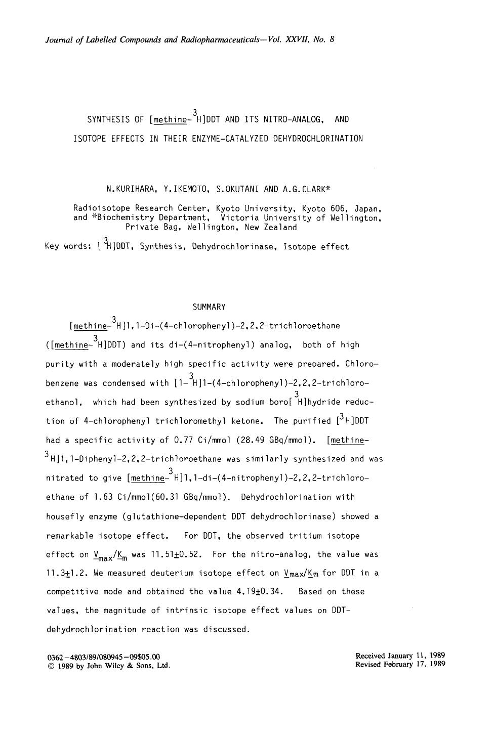 Synthesis of [methine-3H]ddt and its nitro-analog, and isotope effects in their enzyme-catalyzed dehydrochlorination by Unknown