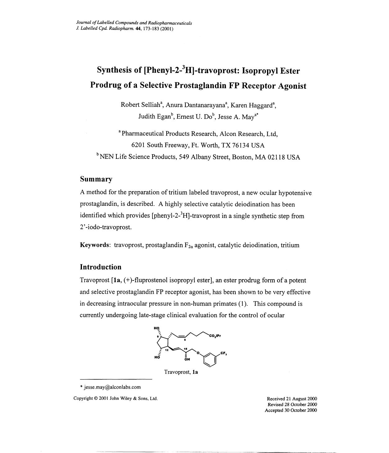 Synthesis of [phenyl-2-3H]-travoprost: isopropyl ester prodrug of a selective prostaglandin FP receptor agonist by Unknown