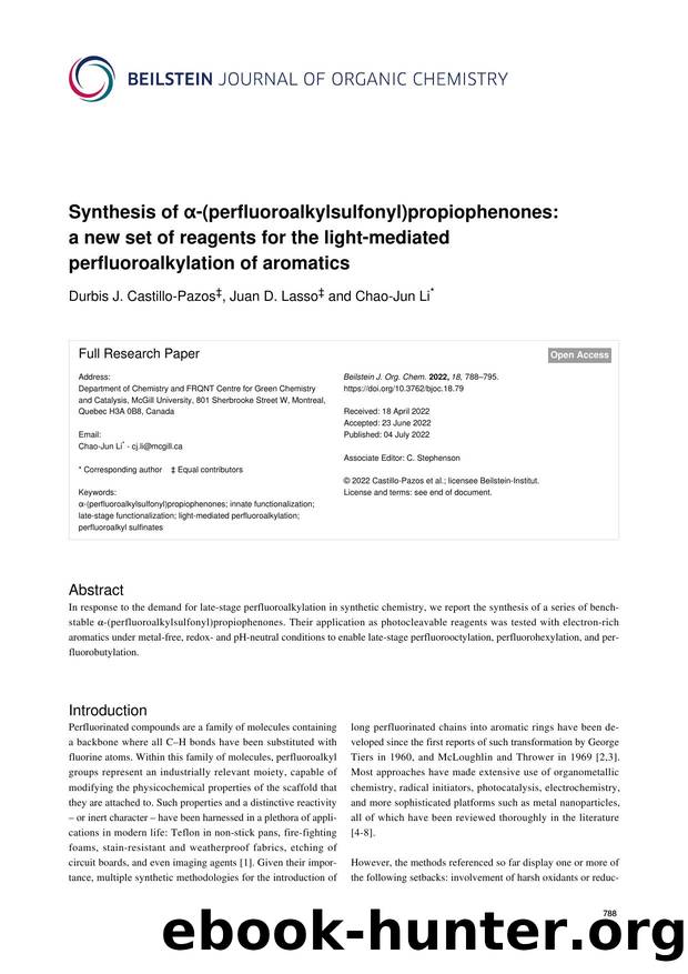 Synthesis of Î±-(perfluoroalkylsulfonyl)propiophenones: a new set of reagents for the light-mediated perfluoroalkylation of aromatics by Durbis J. Castillo-Pazos Juan D. Lasso Chao-Jun Li