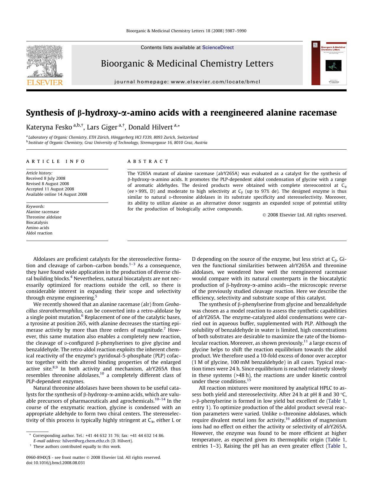 Synthesis of Î²-hydroxy-Î±-amino acids with a reengineered alanine racemase by Kateryna Fesko; Lars Giger; Donald Hilvert