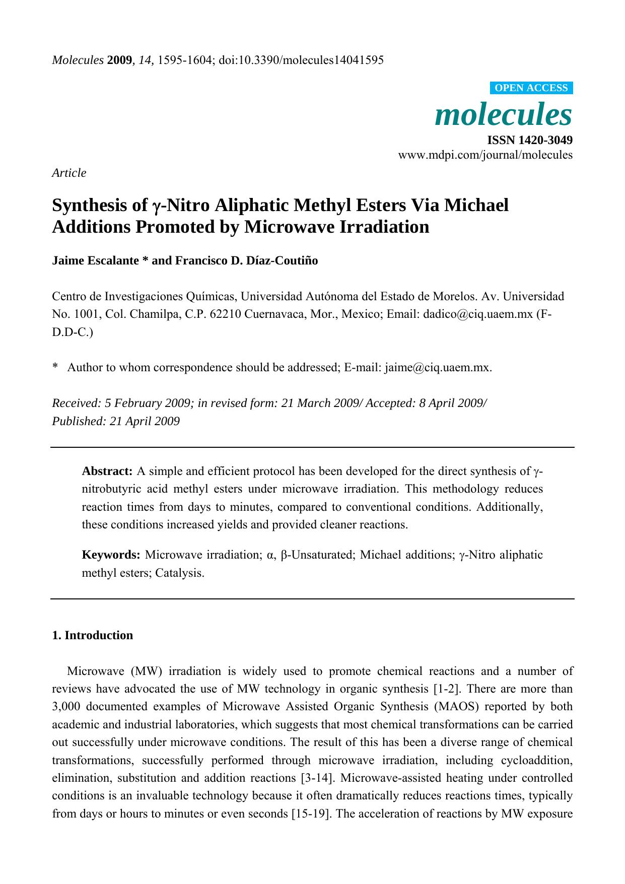 Synthesis of ï§-Nitro Aliphatic Methyl Esters Via Michael Additions Promoted by Microwave Irradiation by Jaime Escalante & Francisco D. Díaz-Coutiño