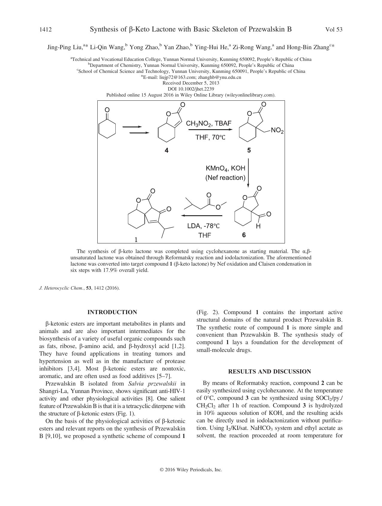 Synthesis of -Keto Lactone with Basic Skeleton of Przewalskin B by Jing-Ping Liu Li-Qin Wang Yong Zhao Yan Zhao Ying-Hui He Zi-Rong Wang Hong-Bin Zhang