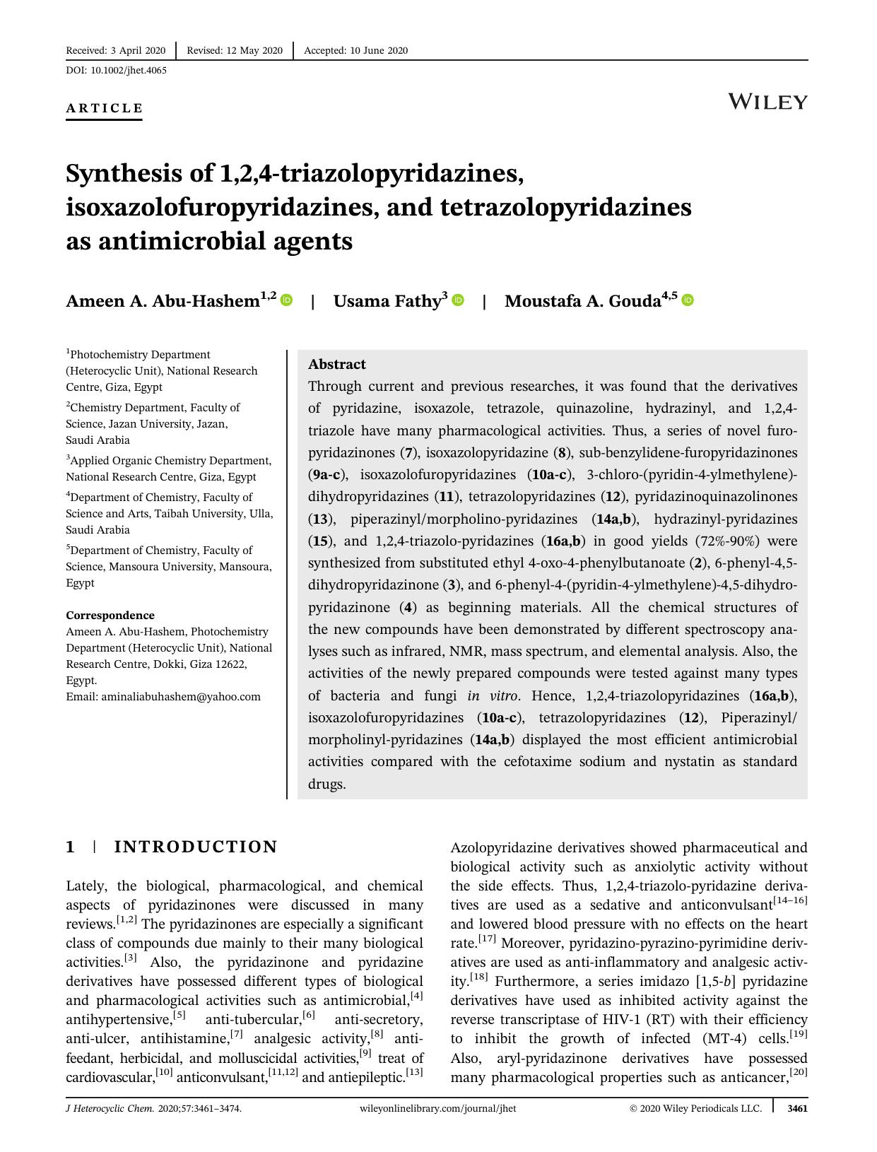 Synthesis of 1, 2, 4-Triazolopyridazines, Isoxazolofuropyridazines, and Tetrazolopyridazines as Antimicrobial Agents by Unknown