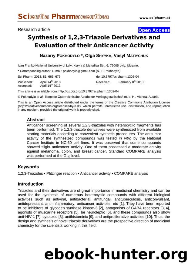Synthesis of 1,2,3-Triazole Derivatives and Evaluation of their Anticancer Activity by Nazariy POKHODYLO Olga SHYYKA Vasyl MATIYCHUK