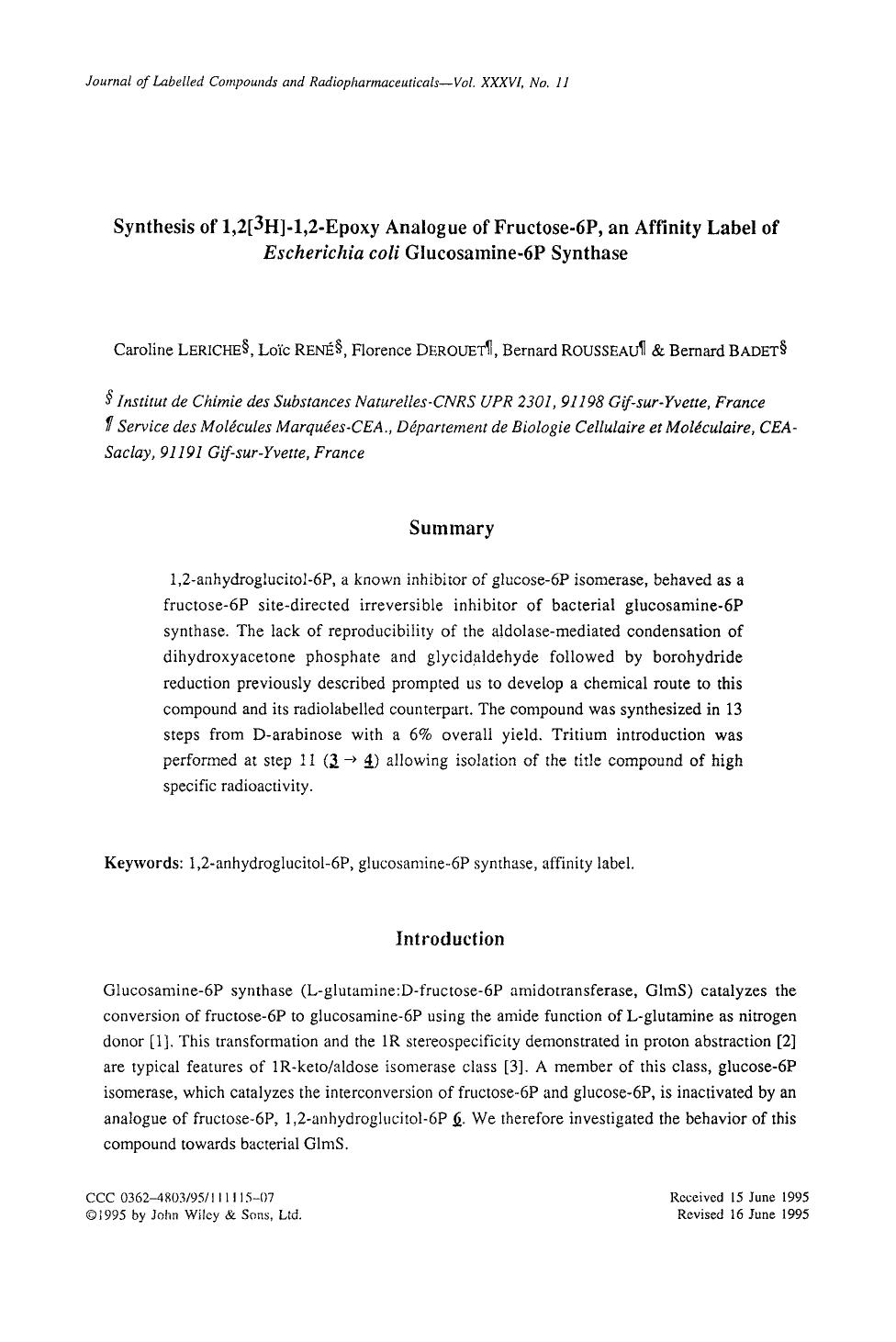 Synthesis of 1,2[3H]-1,2-epoxy analogue of fructose-6P, an affinity label of escherichia coli glucosamine-6P synthase by Unknown