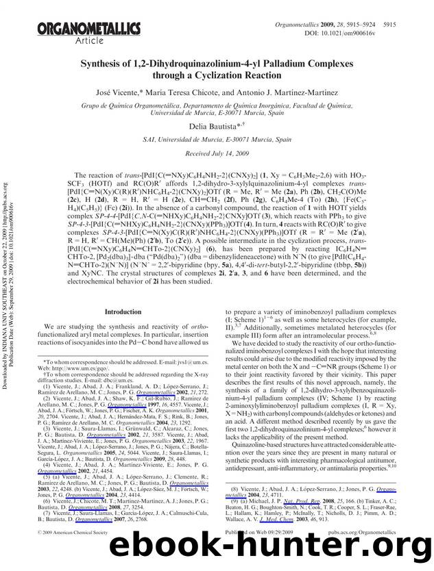 Synthesis of 1,2-Dihydroquinazolinium-4-yl Palladium Complexes through a Cyclization Reaction by José Vicente* María Teresa Chicote & Antonio J. Martínez-Martínez Delia Bautista†