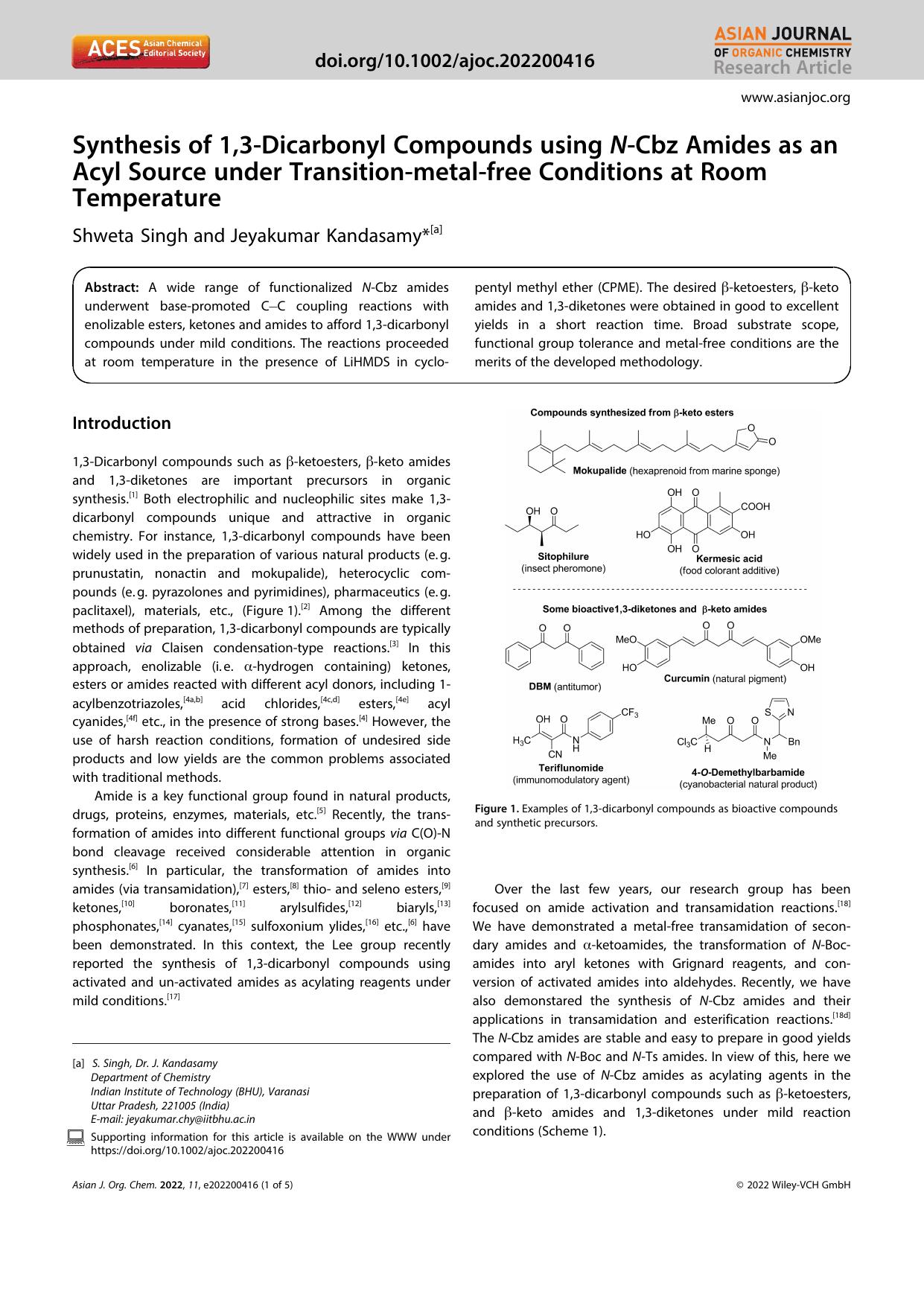 Synthesis of 1,3âDicarbonyl Compounds using NâCbz Amides as an Acyl Source under Transitionâmetalâfree Conditions at Room Temperature by Unknown