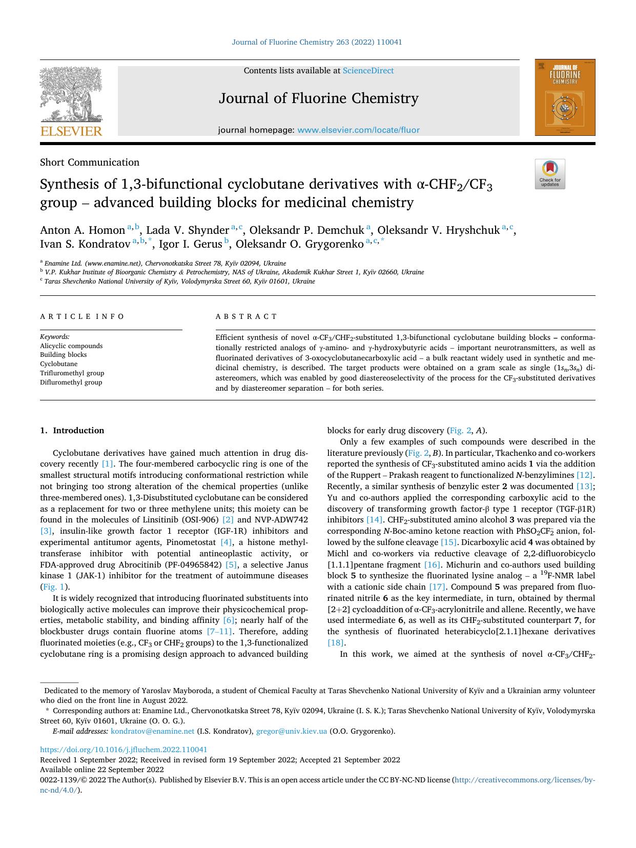 Synthesis of 1,3-bifunctional cyclobutane derivatives with ÃÂ±-CHF2CF3 group Ã¢&#x80;&#x93; advanced building blocks for medicinal chemistry by unknow