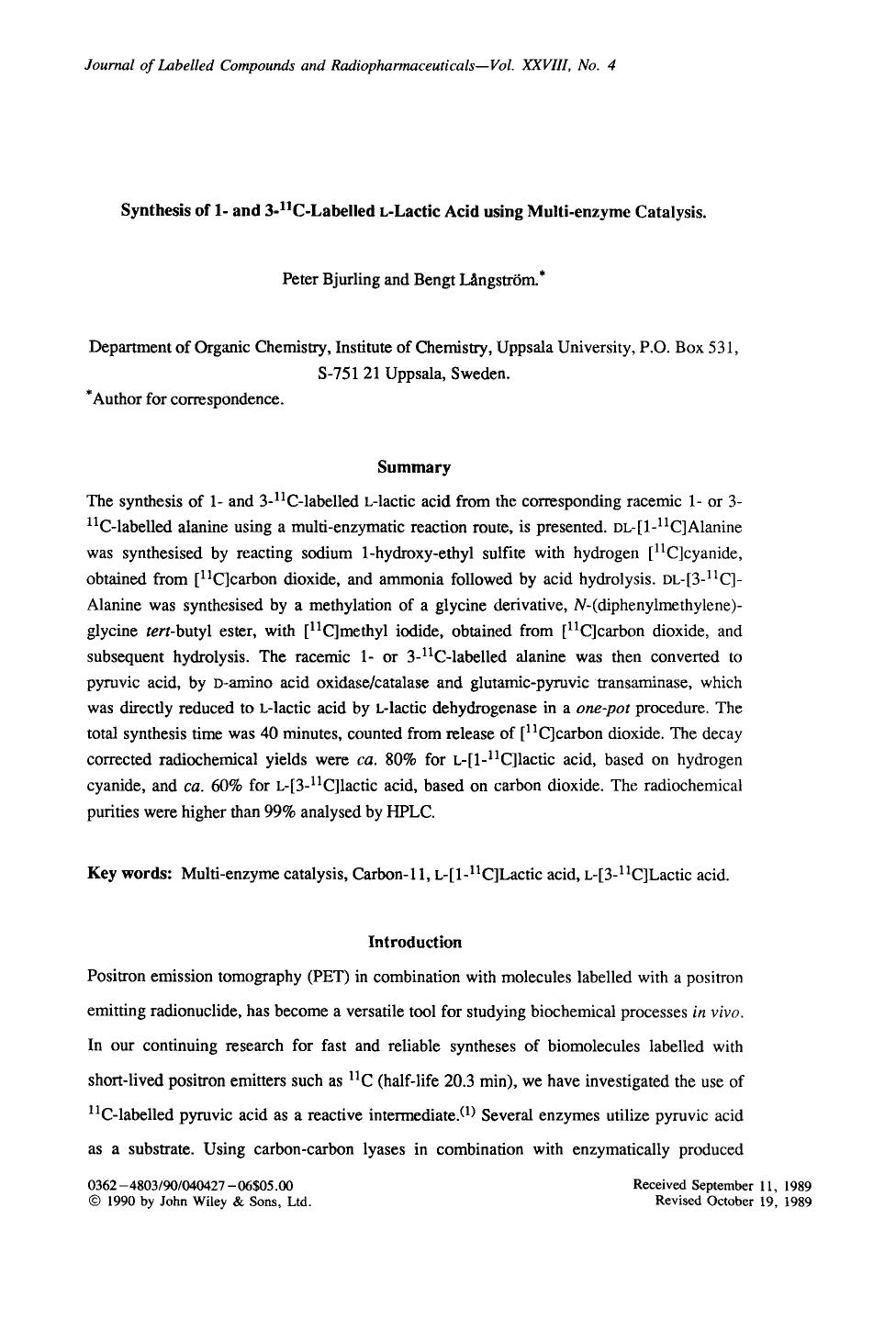 Synthesis of 1- and 3-11C-labelled L-lactic acid using multi-enzyme catalysis by Unknown