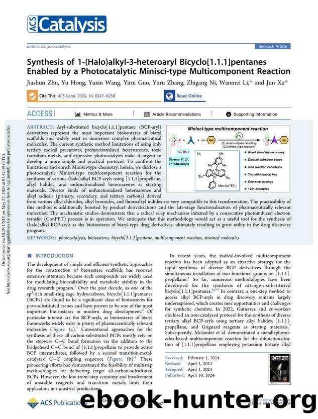 Synthesis of 1-(Halo)alkyl-3-heteroaryl Bicyclo[1.1.1]pentanes Enabled by a Photocatalytic Minisci-type Multicomponent Reaction by Jiashun Zhu Yu Hong Yuxin Wang Yirui Guo Yuru Zhang Zhigang Ni Wanmei Li & Jun Xu