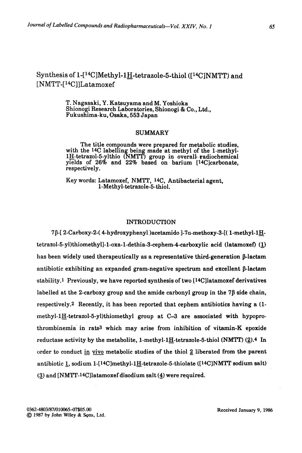 Synthesis of 1-[14C]methyl-1H-tetrazole-5-thiol([14C]NMTT) and [NMTT-[14C]]latamoxef by Unknown