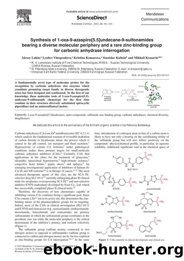 Synthesis of 1-oxa-9-azaspiro[5.5]undecane-9-sulfonamides bearing a diverse molecular periphery and a rare zinc-binding group for carbonic anhydrase interrogation by Alexey Lukin & Lyubov Vinogradova & Kristina Komarova & Stanislav Kalinin & Mikhail Krasavin