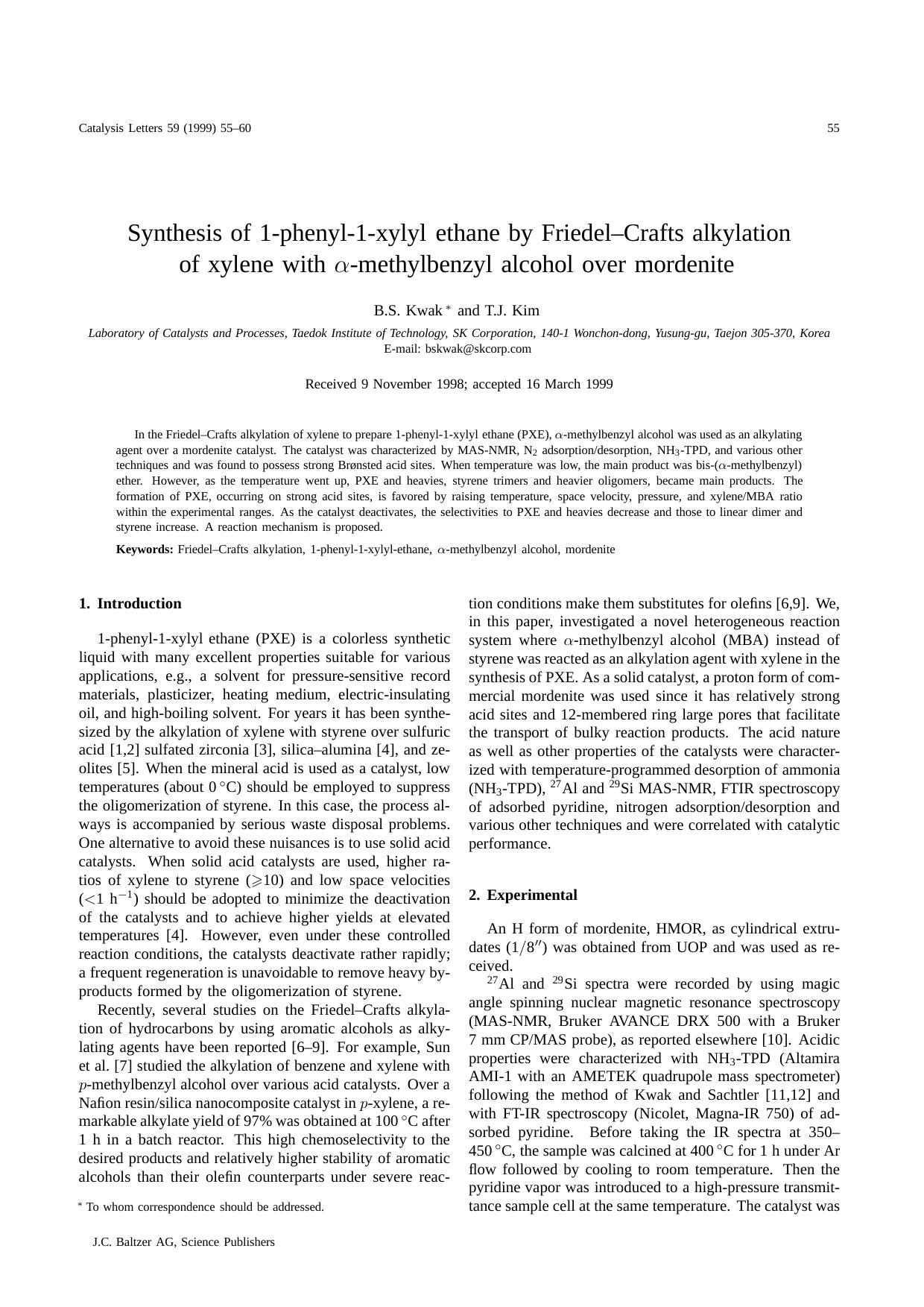 Synthesis of 1-phenyl-1-xylyl ethane by Friedel–Crafts alkylation of xylene with α-methylbenzyl alcohol over mordenite by Unknown