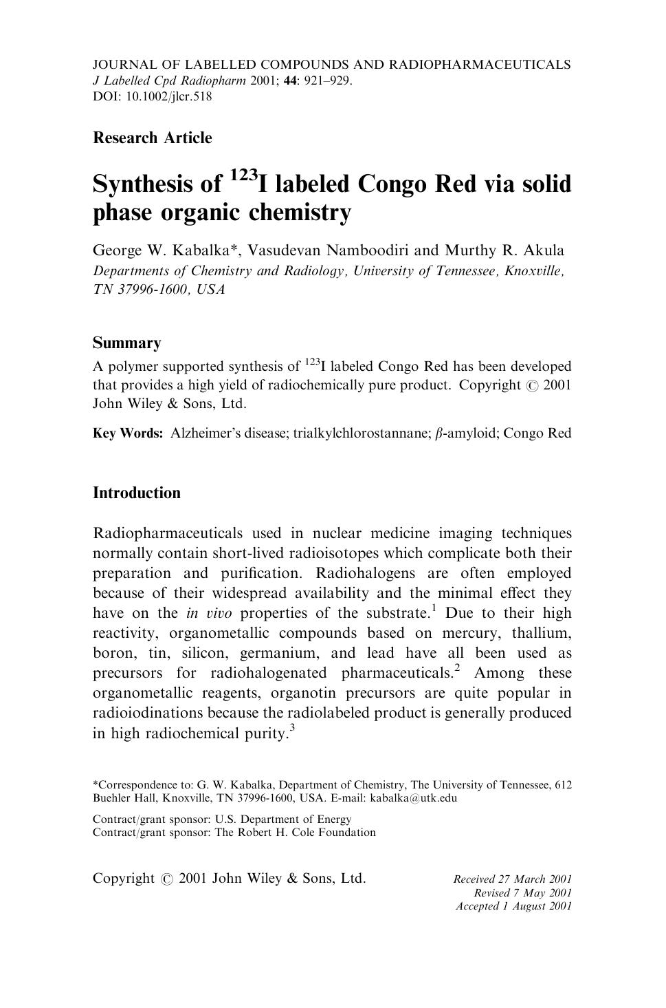 Synthesis of 123I labeled Congo Red via solid phase organic chemistry by Unknown