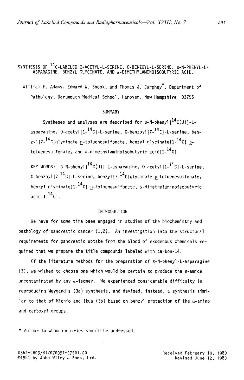 Synthesis of 14C-labeled O-acetyl-L-serine, O-benzoyl-L-serine, [beta]-N-phenyl-L-asparagine, benzyl glycinate, and [alpha]-dimethylaminoisobutyric acid by Unknown
