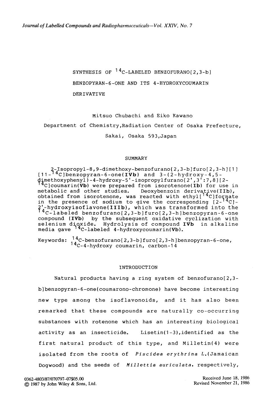 Synthesis of 14C-labeled benzofurano[2,3-b] benzopyran-6-one and its 4-hydroxycoumarin derivative by Unknown
