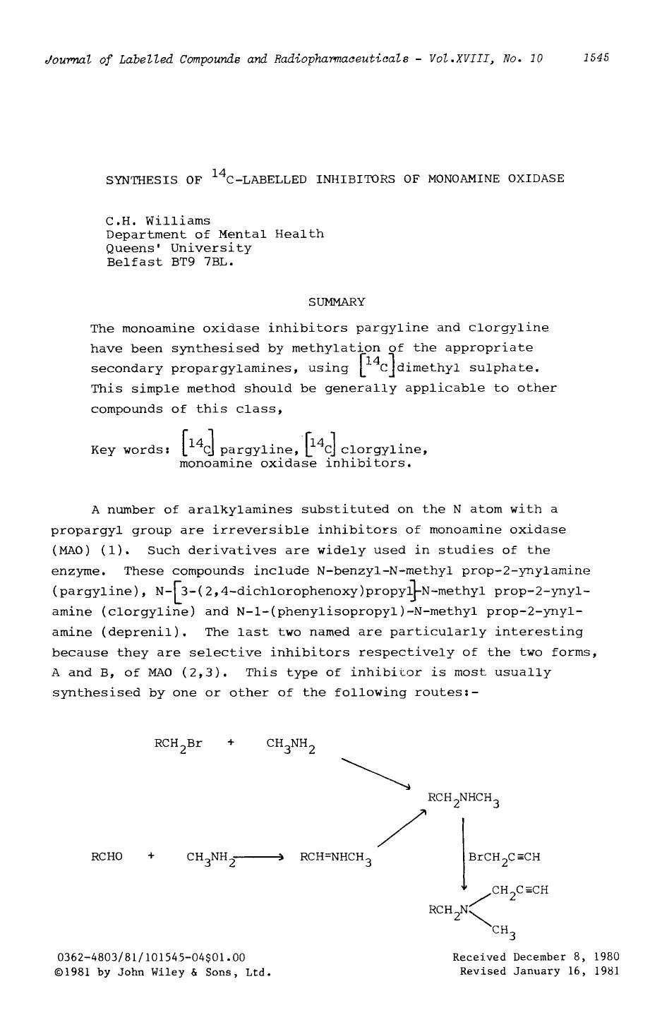 Synthesis of 14C-labeled inhibitors of monoamine oxidase by Unknown