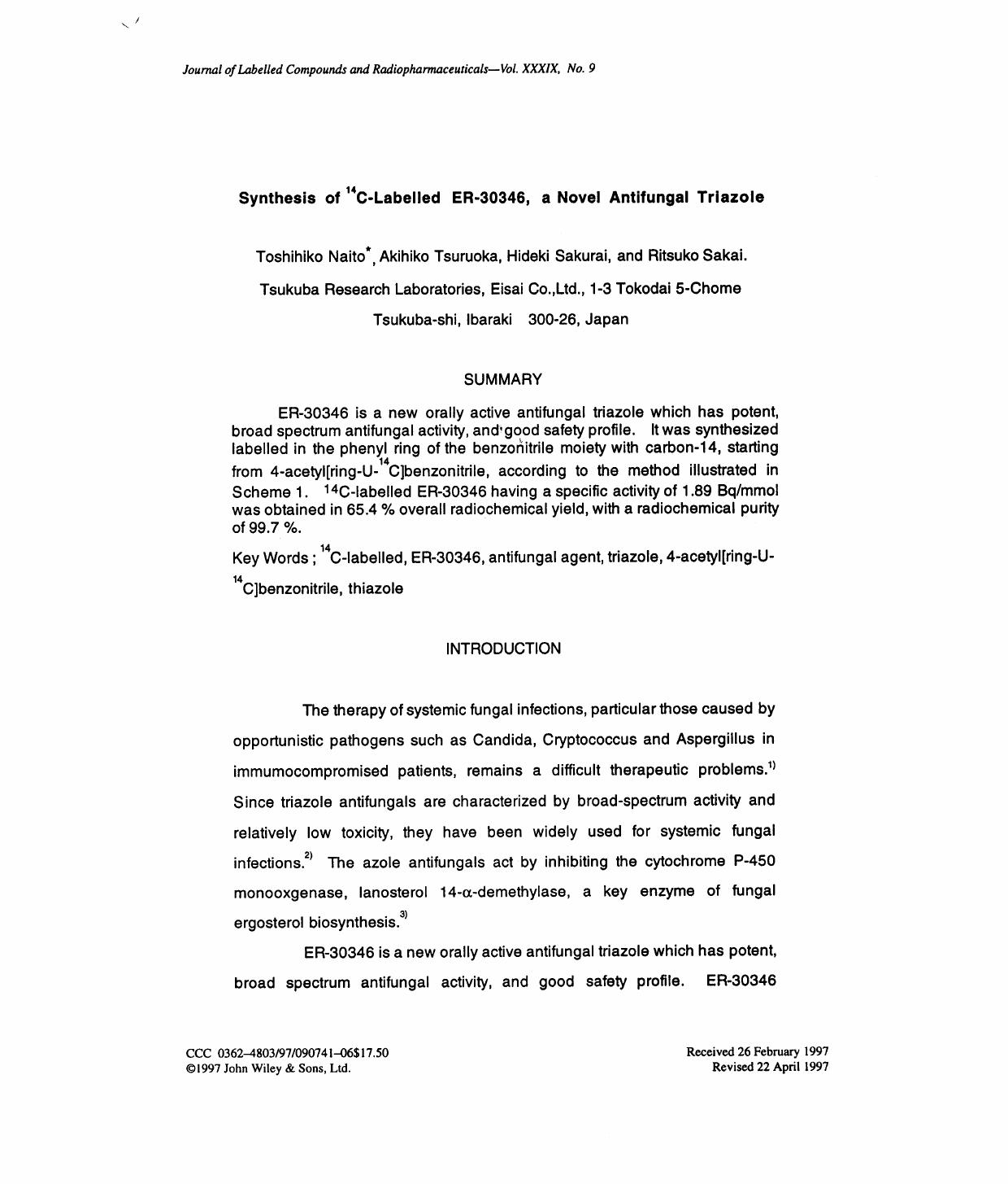 Synthesis of 14C-labelled ER-30346, a novel antifungal triazole by Unknown