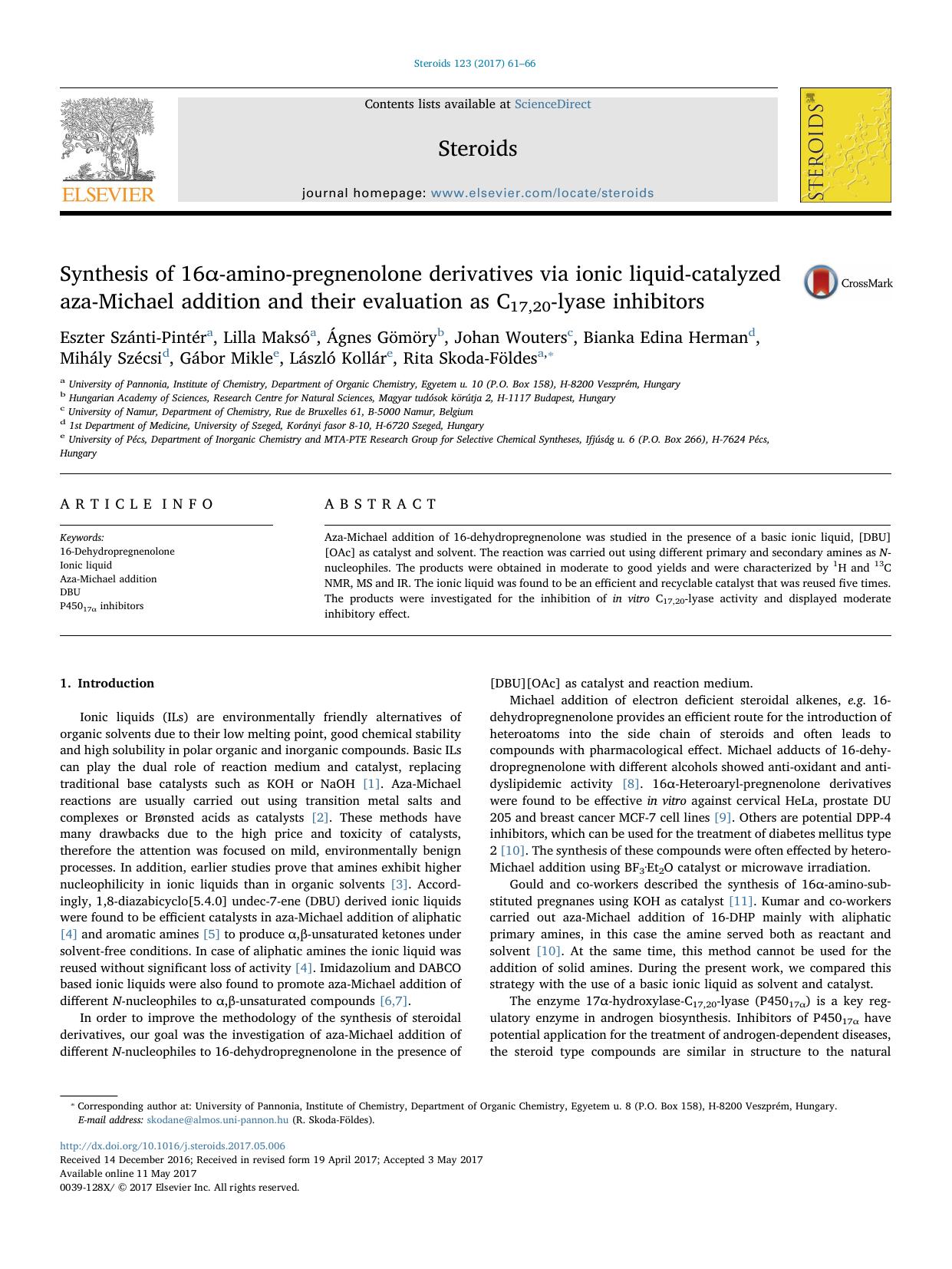 Synthesis of 16Î±-amino-pregnenolone derivatives via ionic liquid-catalyzed aza-Michael addition and their evaluation as C17,20-lyase inhibitors by unknow