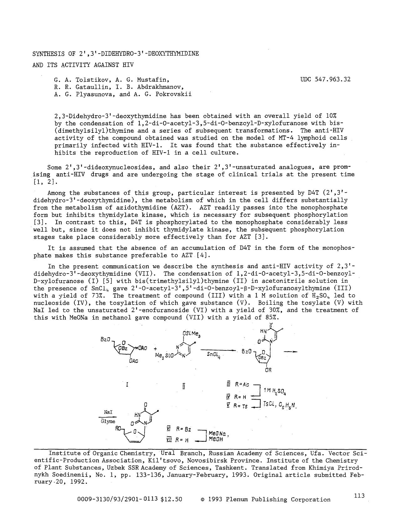 Synthesis of 2′,3′-didehydro-3′-deoxythymidine and its activity against HIV by Unknown