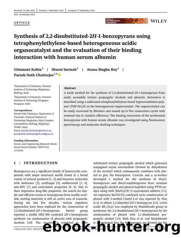 Synthesis of 2,2âdisubstitutedâ2 H â1âbenzopyrans using tetraphenylethyleneâbased heterogeneous acidic organocatalyst and the evaluation of their binding interaction with human serum albumin by Unknown